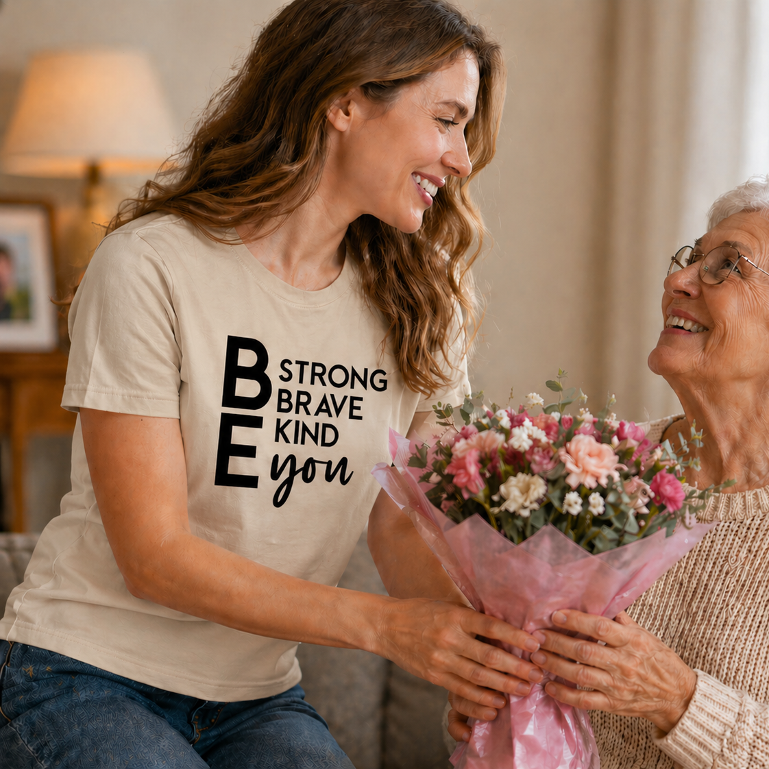 Woman wearing a sand colored t-shirt with motivational text.