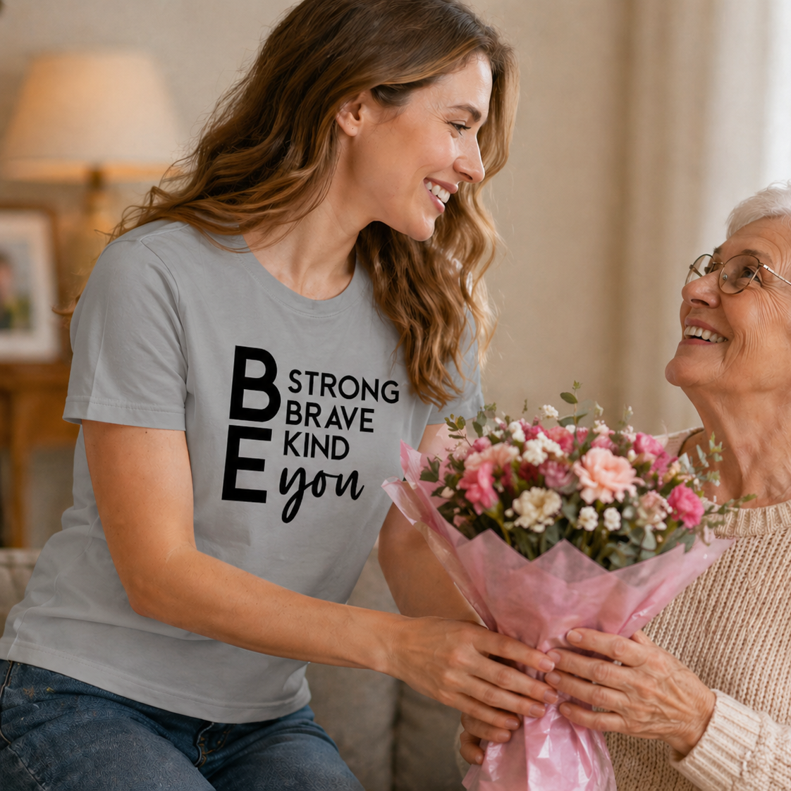 Woman wearing a sport grey colored t-shirt with inspirational text.