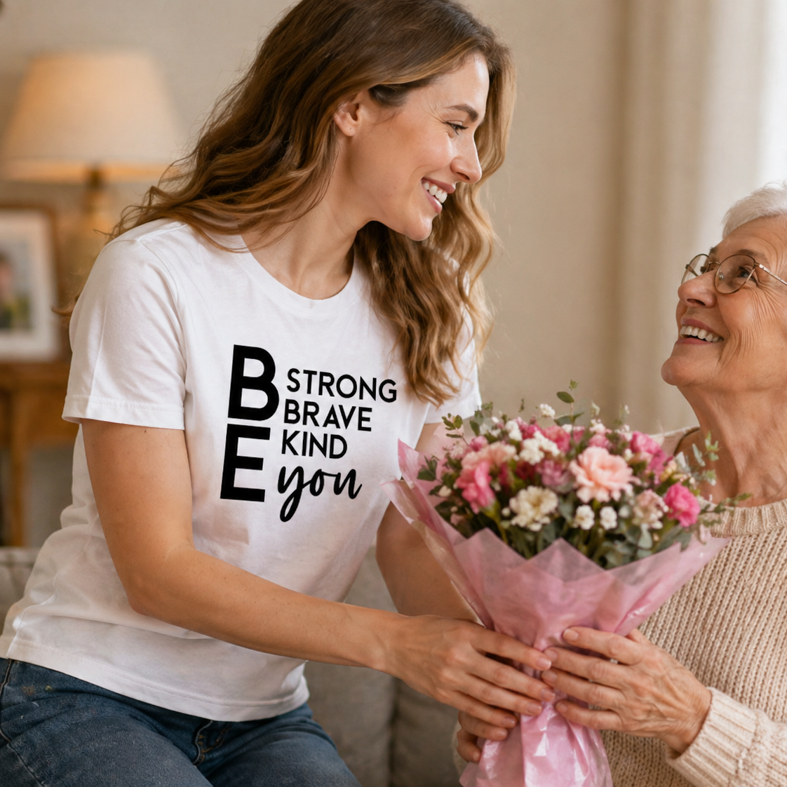 Woman wearing a white colored t-shirt with inspirational text.