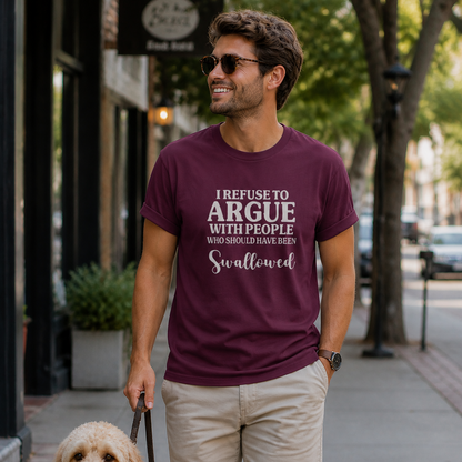 Man walking a dog on a city street wearing a purple t-shirt with a humorous message.