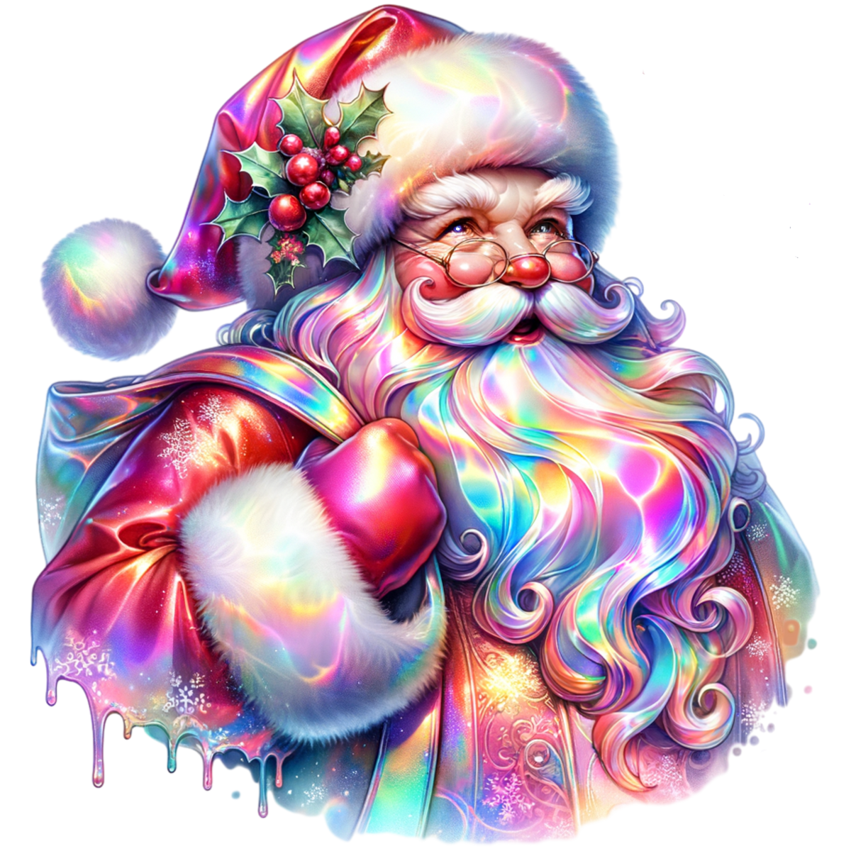 A stylized, colorful illustration of Santa Claus with a long wavy beard, rainbow iridescent coat, white fur trim, a Santa hat with holly, and red berries, shown on a plain white background.