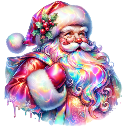 A stylized, colorful illustration of Santa Claus with a long wavy beard, rainbow iridescent coat, white fur trim, a Santa hat with holly, and red berries, shown on a plain white background.