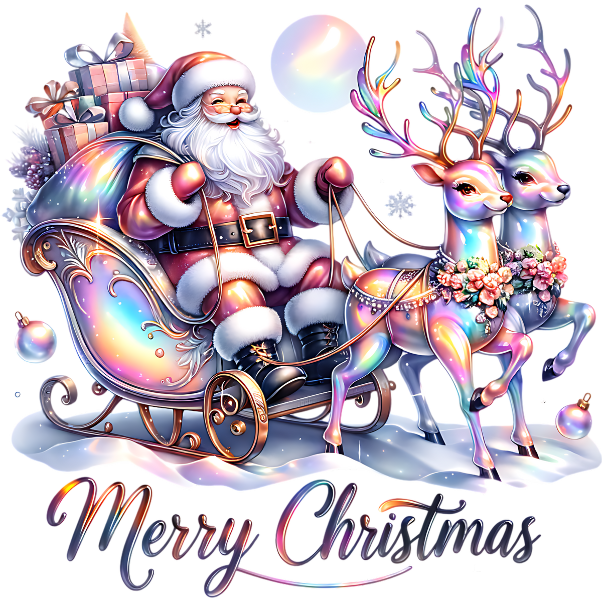 Iridescent Santa and Reindeer Graphic Sweatshirt