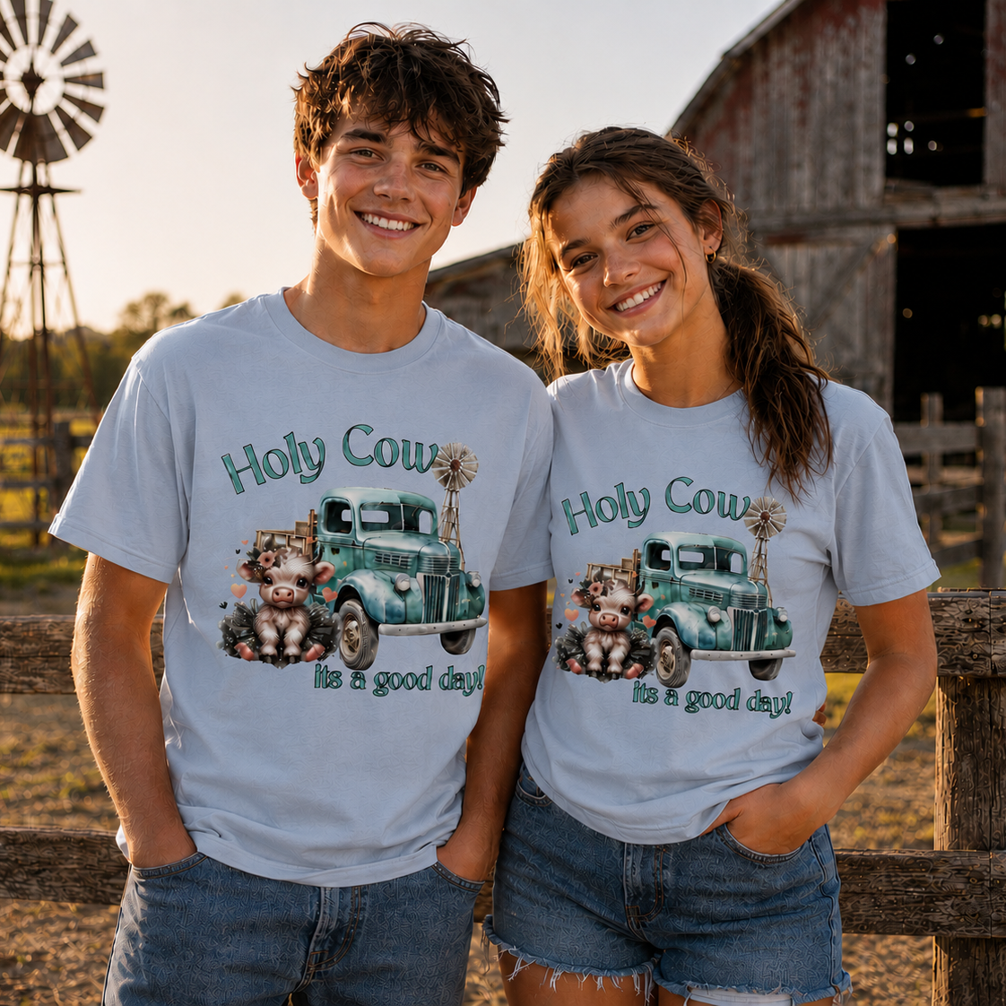 A smiling young man and young woman standing outdoors in front of a rustic barn and wooden fence, wearing matching light blue graphic T-shirts with a cow and truck design and the text 'Holy Cow Its a good day!'.