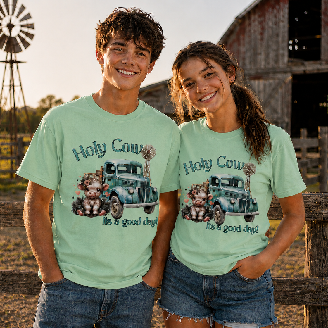A man and a woman standing outdoors in front of a rustic barn and fence, wearing matching mint green graphic T-shirts with a vintage pickup truck illustration and the text 'Holy Cow it's a good day!'.
