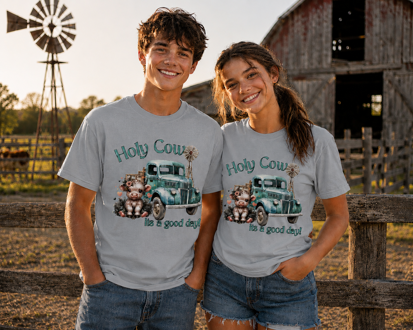 A man and a woman standing outdoors in front of a rustic barn and fence, wearing matching light gray graphic T-shirts with a cow and truck print and the words 'Holy Cow is a good day!'.