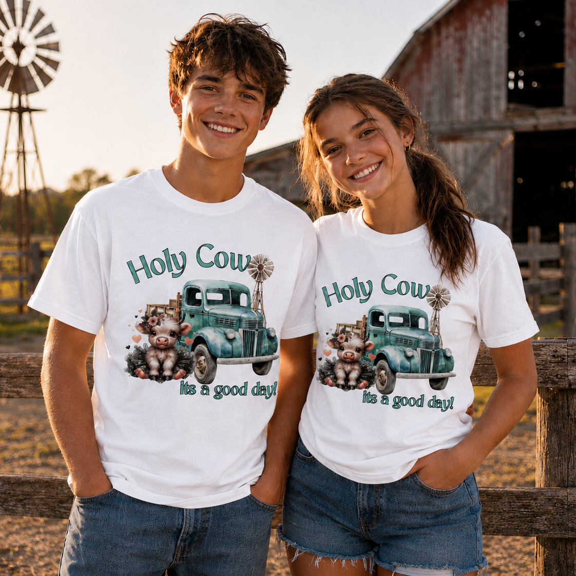 A smiling young man and young woman standing outdoors in front of a rustic barn and wooden fence, both wearing matching white graphic T-shirts with a teal truck illustration and the text 'Holy Cow Its a good day!'.