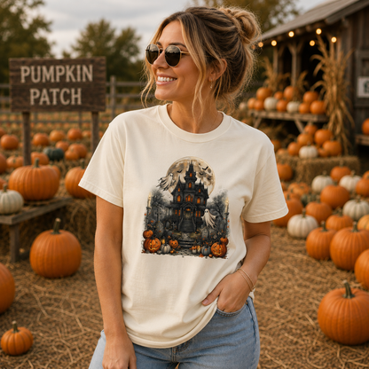 A woman wearing a cream-colored graphic t-shirt with a haunted house and pumpkins print, standing in a pumpkin patch with hay bales and pumpkins in the background.