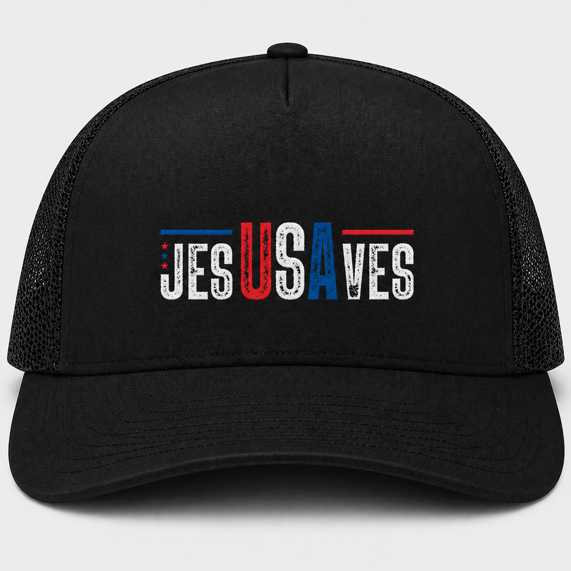 Black cap with 'JES USAVES' text on a white background