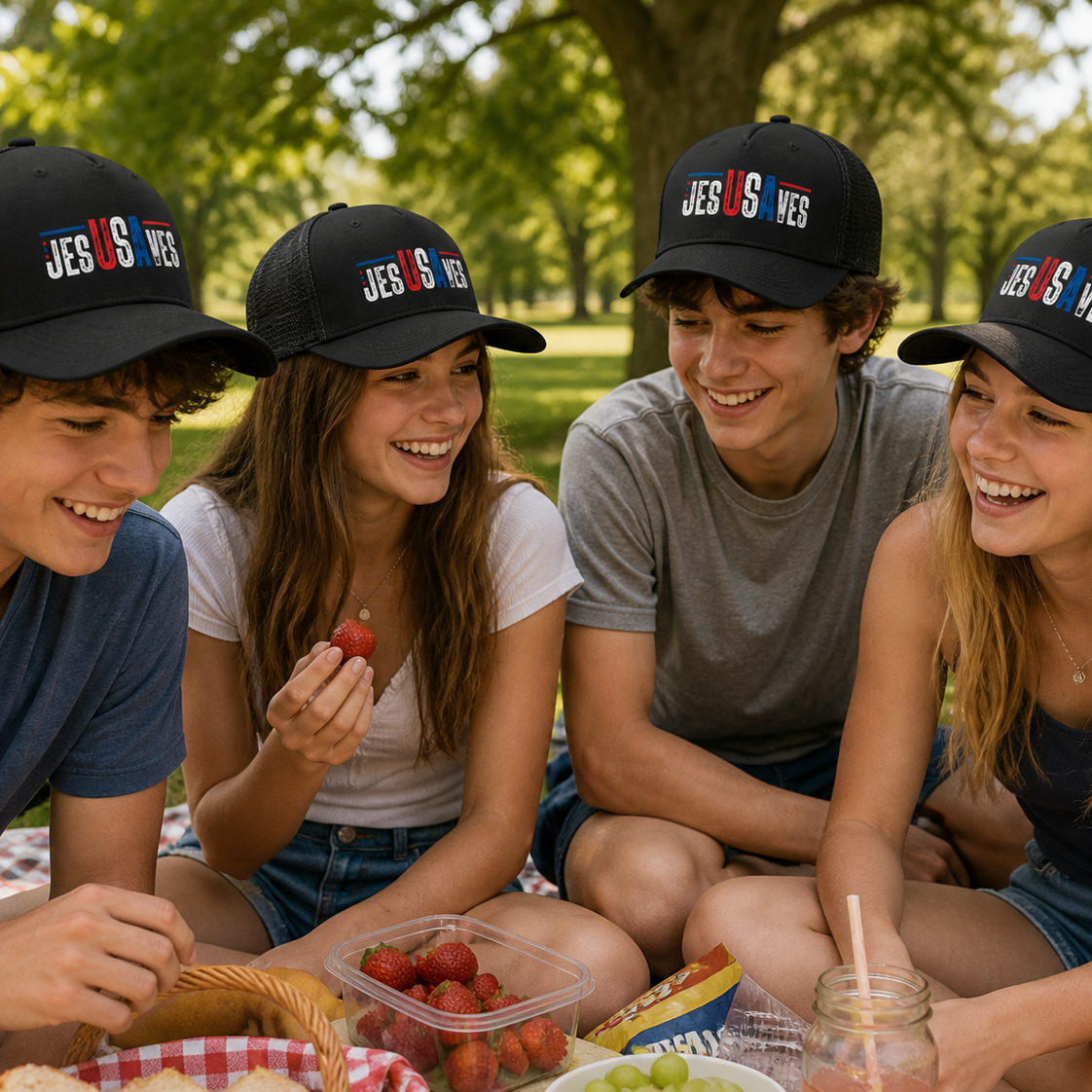 Four teenagers wearing 'Jesus Saves' hats sitting outdoors, eating snacks.