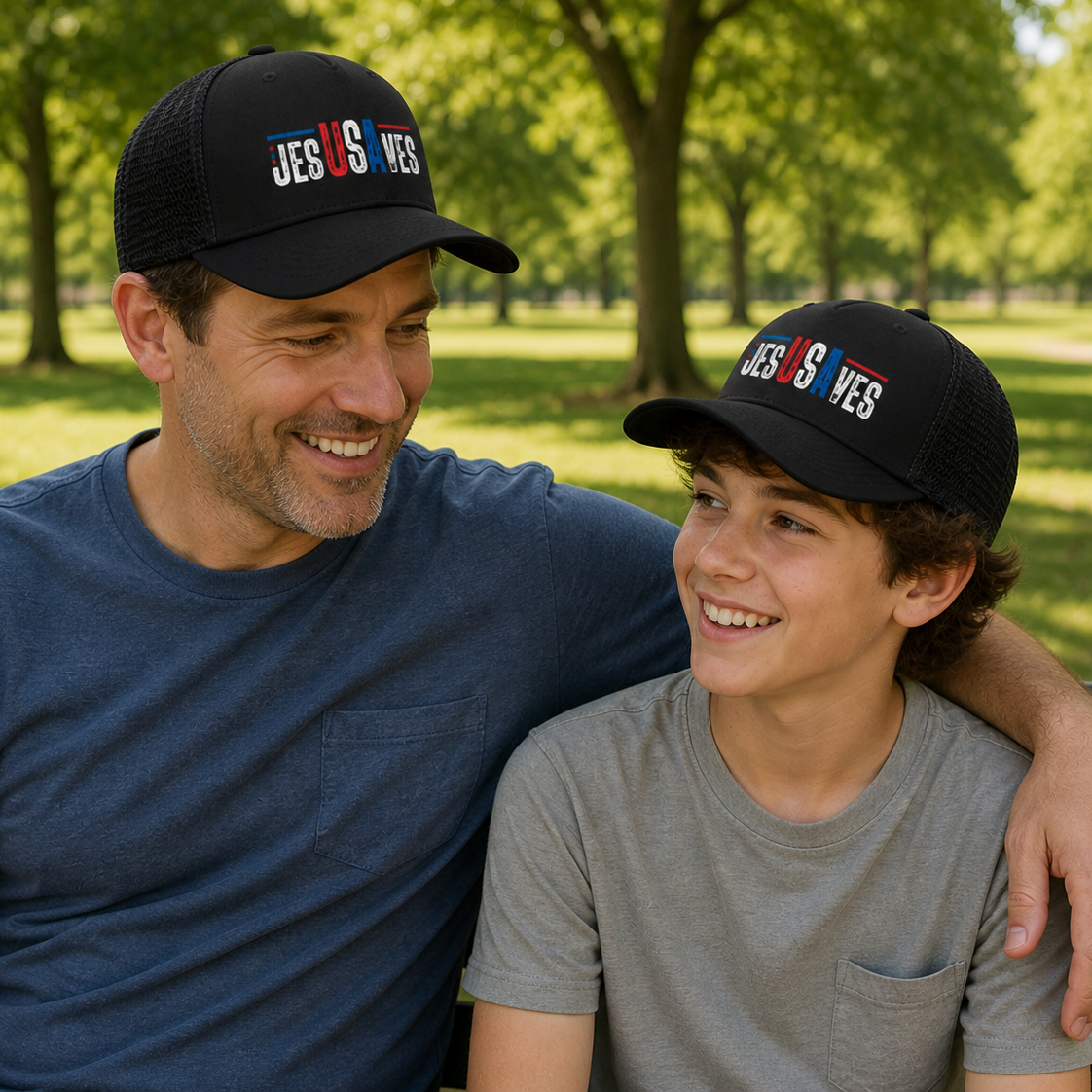 Man and young boy sitting on a park bench wearing black caps with 'JESUS Saves' text.