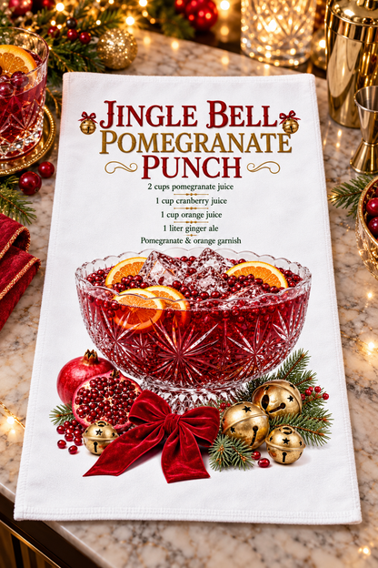 A white kitchen towel printed with a festive Christmas recipe for 'Jingle Bell Pomegranate Punch' and an illustration of the drink in a glass bowl, surrounded by ornaments, pine branches, and gold bells, displayed on a marble countertop with holiday decorations.