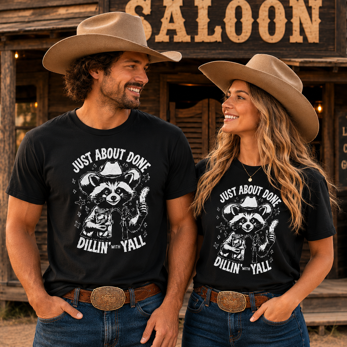 Man and woman wearing matching black t-shirts with a raccoon graphic in front of a saloon.
