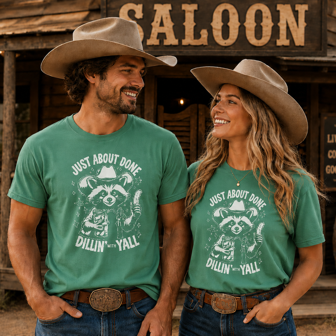 Two people wearing green t-shirts with a raccoon graphic and text, standing in front of a saloon.