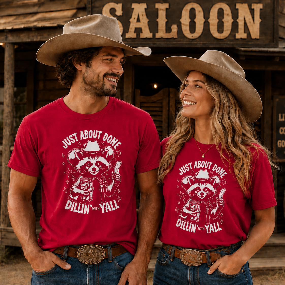 Two people wearing red t-shirts with a raccoon graphic in front of a saloon.