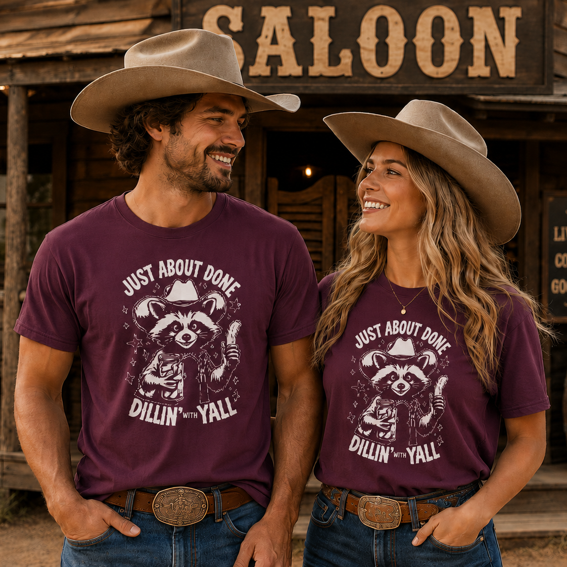 Two people wearing matching purple t-shirts in front of a saloon.
