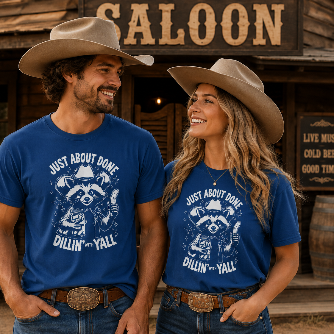 Two people wearing matching blue t-shirts in front of a saloon.