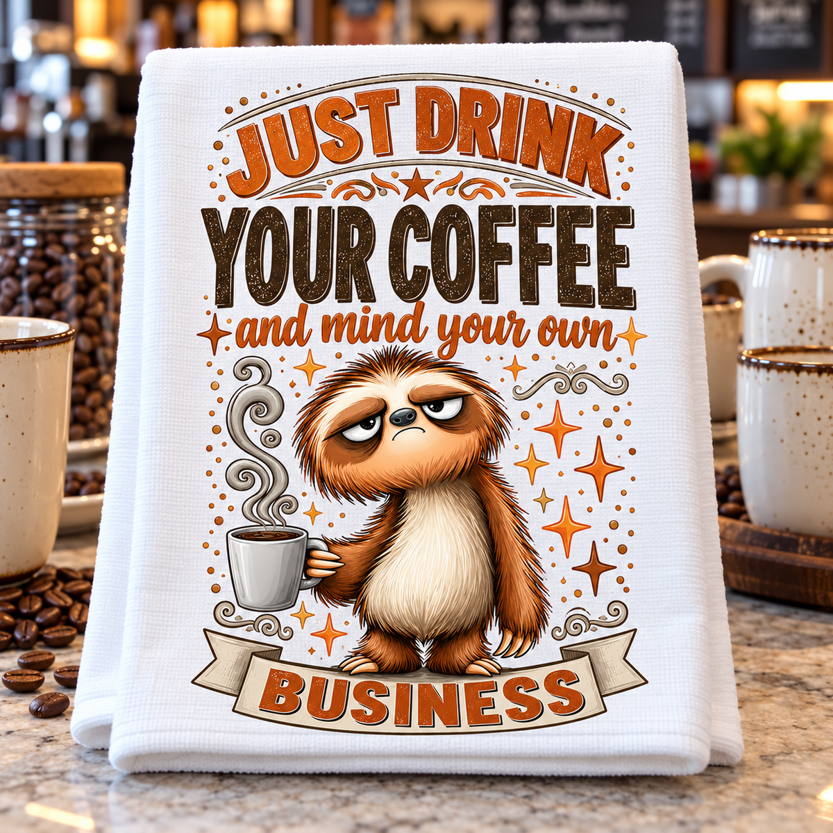 A white kitchen towel with a humorous sloth graphic and the text 'JUST DRINK YOUR COFFEE and mind your own BUSINESS' 
