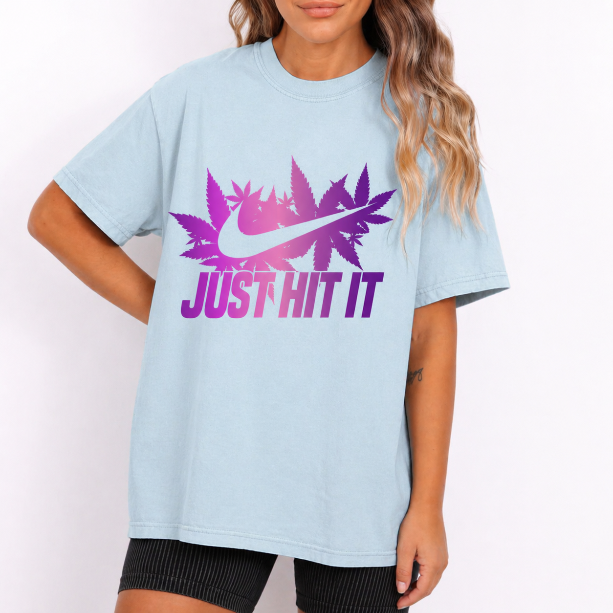 Close up of just hit it text with cannabis leaves graphic design