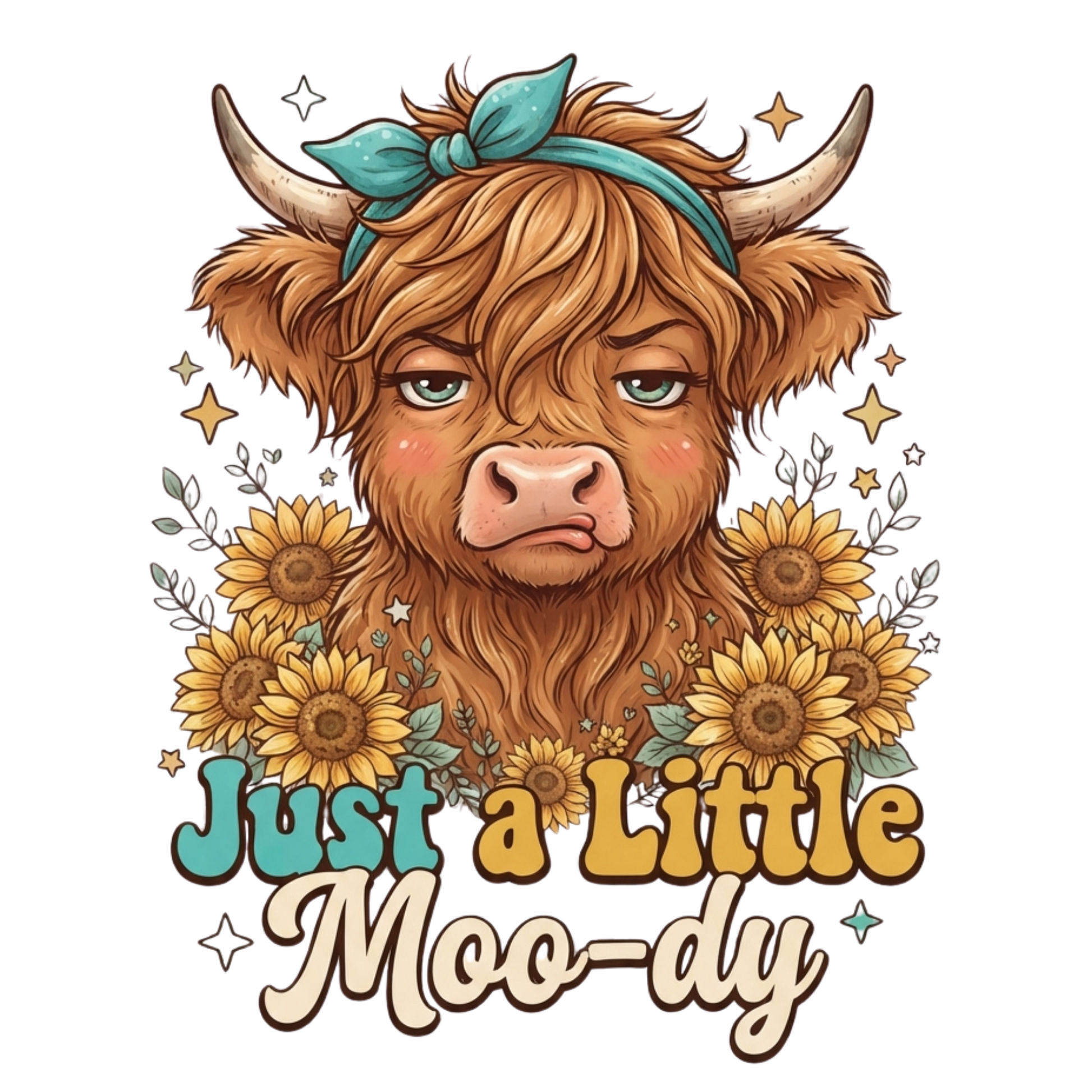A fluffy brown highland cow with horns, a teal bow, sunflowers, and the text 'Just a Little Moo-dy' on a white background.