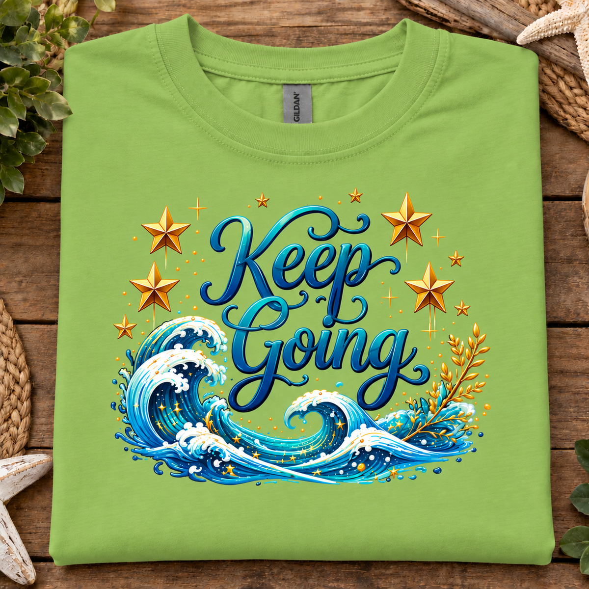 Lime colored t-shirt with a ocean and stars graphic with text Keep Going