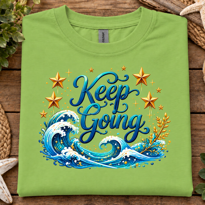 Lime colored t-shirt with a ocean and stars graphic with text Keep Going