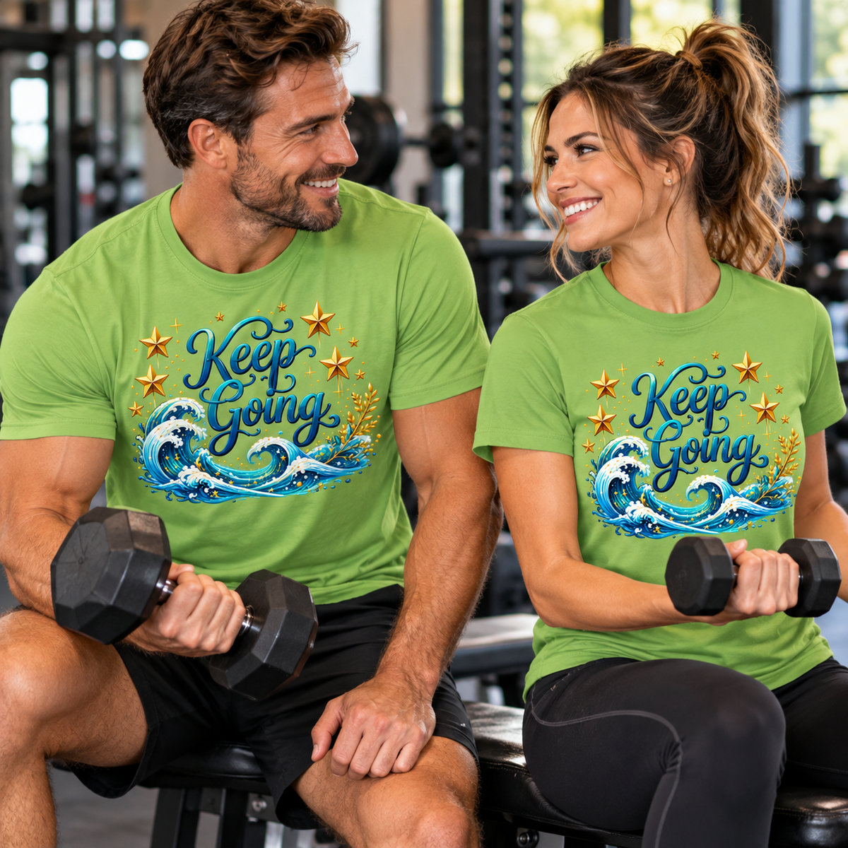 A man and woman wearing lime colored t-shirts with the text "Keep Going" while lifting weights at the gym.