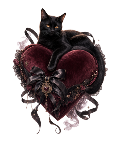 a black cat on a burgundy heart graphic design