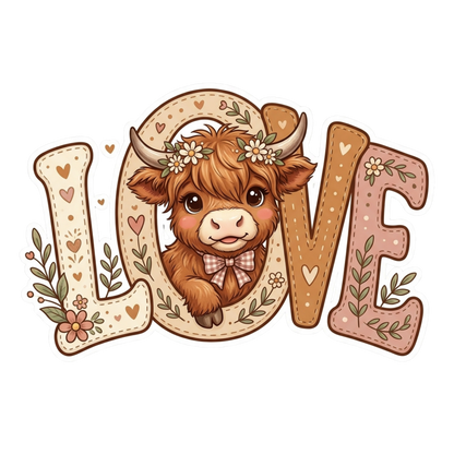 A cute cartoon highland cow nestled inside the letter O of the word LOVE, with floral and heart details. The letters are styled in a rustic, stitched font in beige, brown, and pink tones, set against a solid white background.