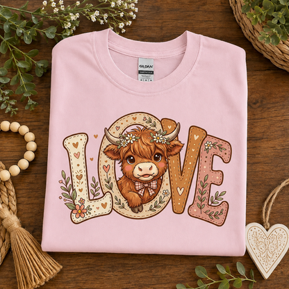 A folded light pink crewneck t-shirt with a graphic of a Scottish Highland cow nestled inside the word 'LOVE', styled on a dark wooden background with decorative greenery and a heart-shaped ornament.