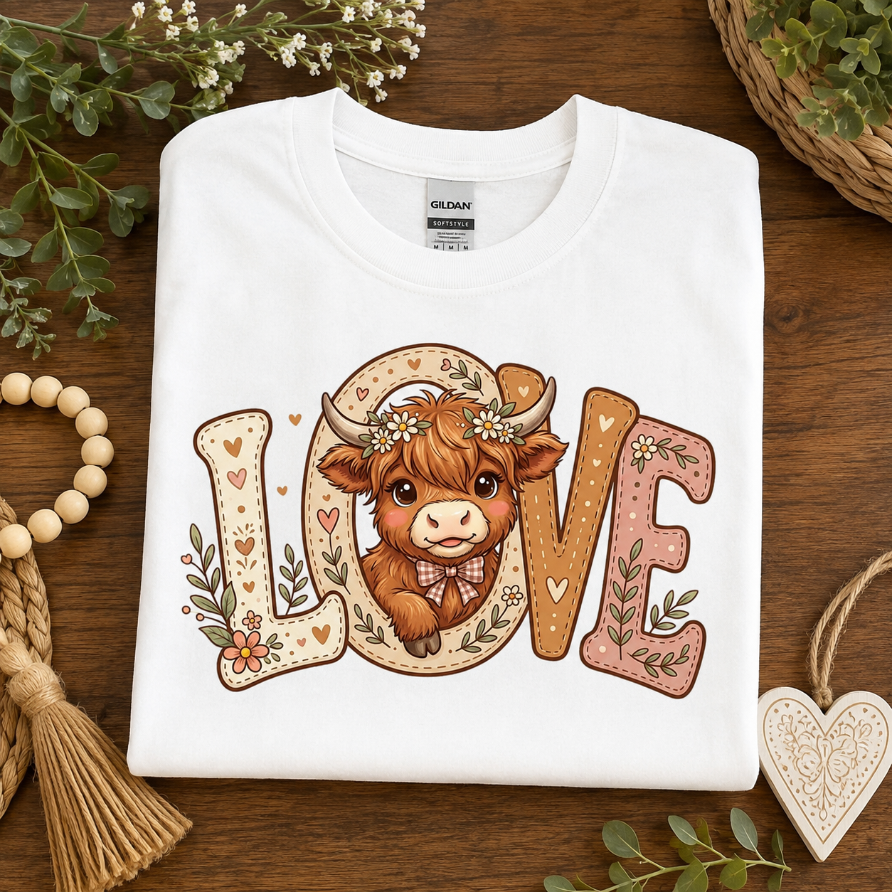 A folded white Gildan t-shirt with a cute graphic of a brown highland cow inside the letter 'O' of the word 'LOVE', surrounded by floral and heart details, displayed on a wooden surface with boho-style decorative props.