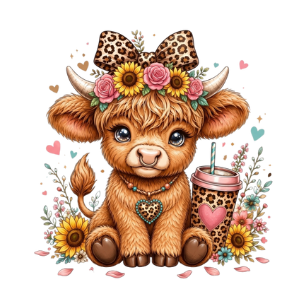 A cute cartoon highland cow illustration with large blue eyes, wearing a leopard-print bow and floral crown, sitting beside a leopard-print coffee cup with a pink heart on a white background.