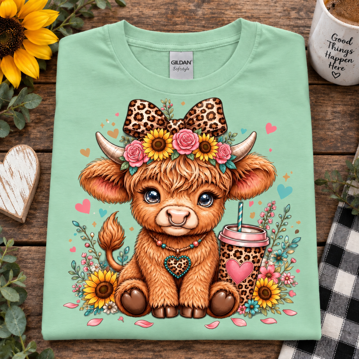 A mint green Gildan Straightforward t-shirt laid flat on a rustic wooden surface, featuring a detailed graphic of a fluffy brown highland cow wearing a leopard-print bow and floral crown, next to a leopard-print coffee cup. The shirt is styled with a sunflower, a ceramic mug, and a plaid cloth.