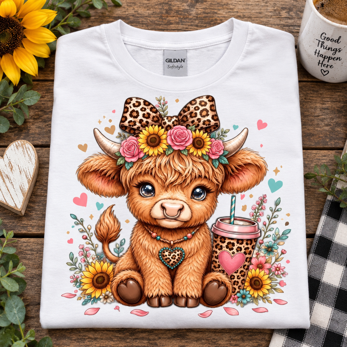 A white Gildan t-shirt laid flat on a rustic wooden surface, featuring a colorful graphic of a fluffy brown cow with a leopard-print bow, floral crown, and a leopard-print coffee cup. The shirt is styled with sunflowers, a wooden heart, and a mug that reads 'Good Things Happen Here'.