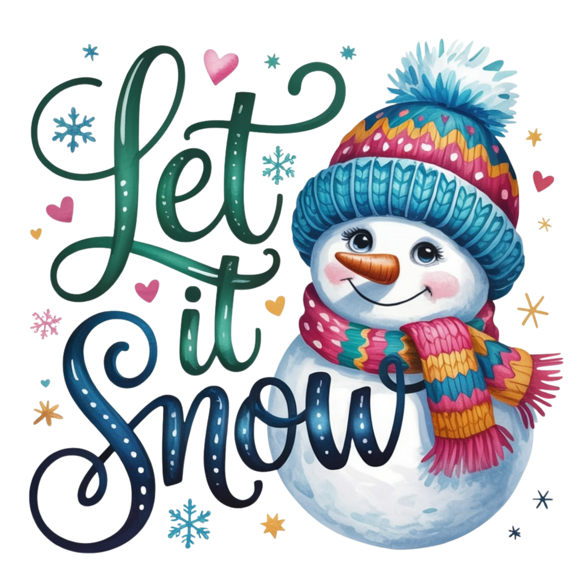 A festive winter illustration with the phrase “Let it Snow” in large decorative lettering beside a smiling snowman wearing a blue knit hat with a pom-pom and a pink, teal, and orange striped scarf. The design includes small snowflakes, hearts, and star accents on a white background.