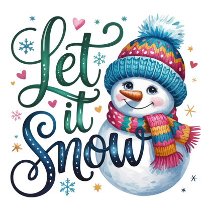 A festive winter illustration with the phrase “Let it Snow” in large decorative lettering beside a smiling snowman wearing a blue knit hat with a pom-pom and a pink, teal, and orange striped scarf. The design includes small snowflakes, hearts, and star accents on a white background.