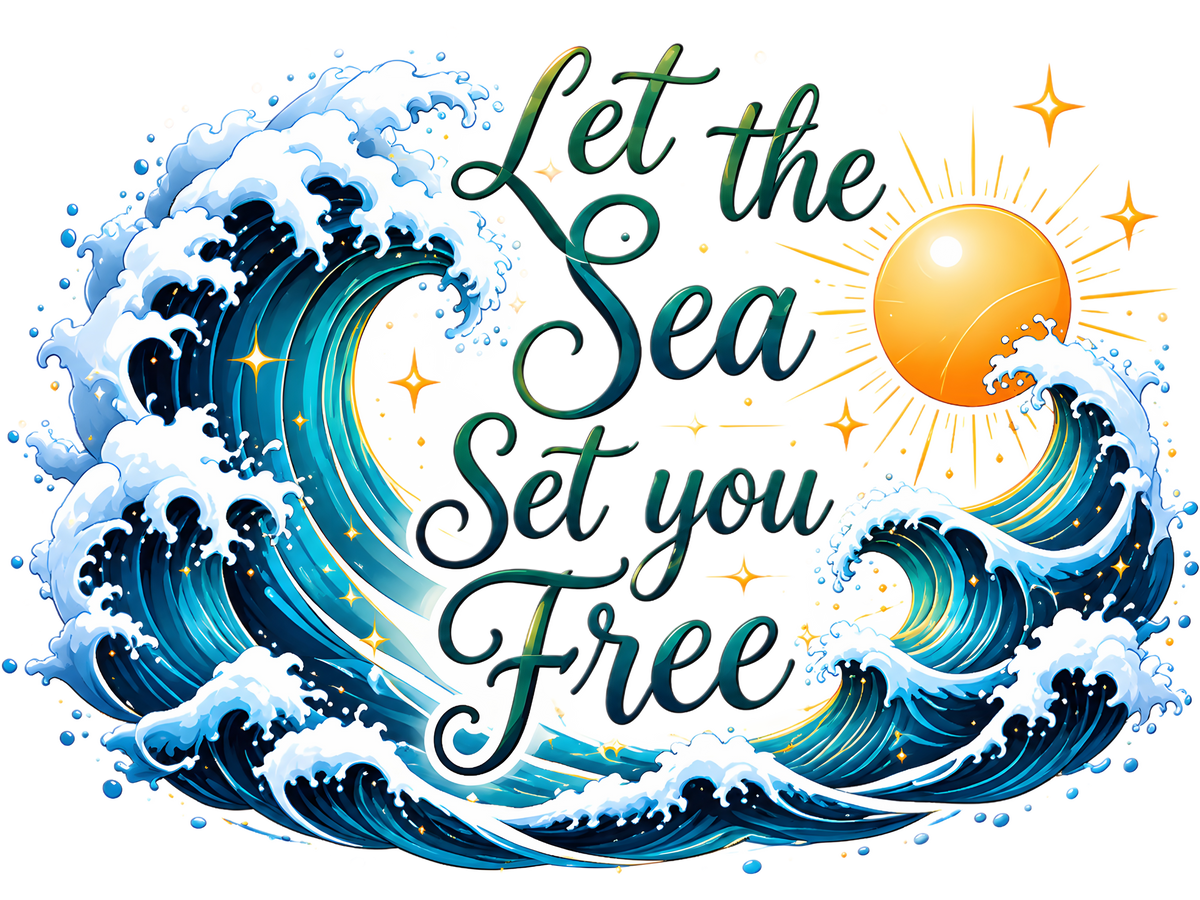 A decorative graphic with stylized ocean waves in blue, teal, and white, a bright yellow sun with rays, and the phrase “Let the Sea Set you Free” in dark teal script on a white background.