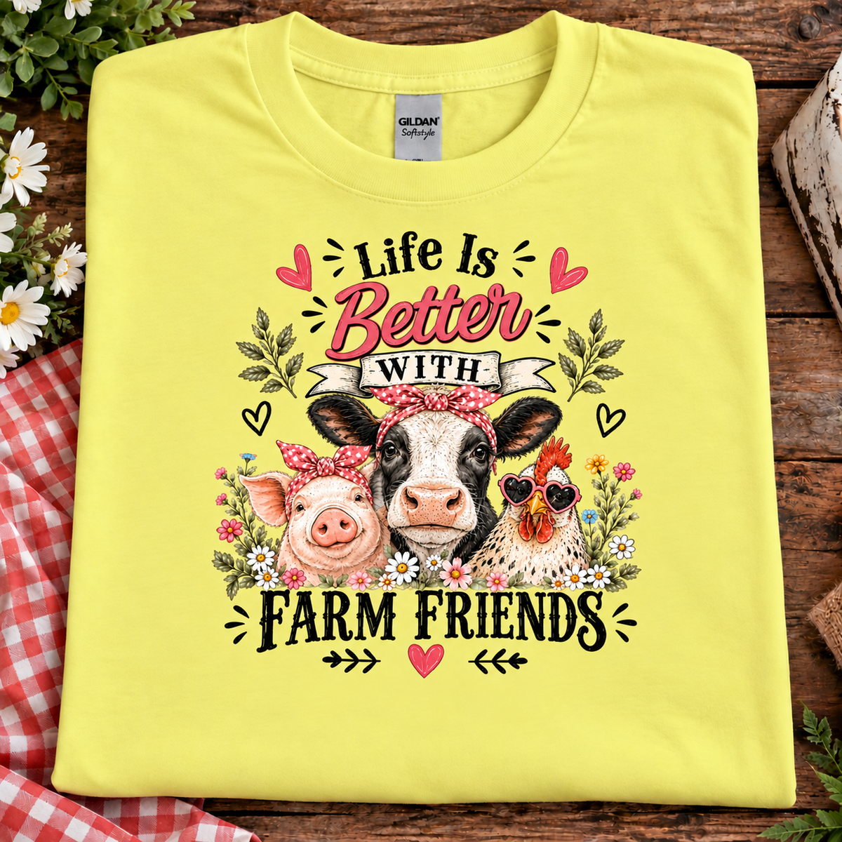 Life is Better with Farm Friends on a cornsilk yellow colored t-shirt with a cow, pig, chicken, flowers and hearts graphic design
