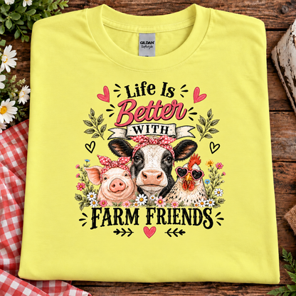 Life is Better with Farm Friends on a cornsilk yellow colored t-shirt with a cow, pig, chicken, flowers and hearts graphic design
