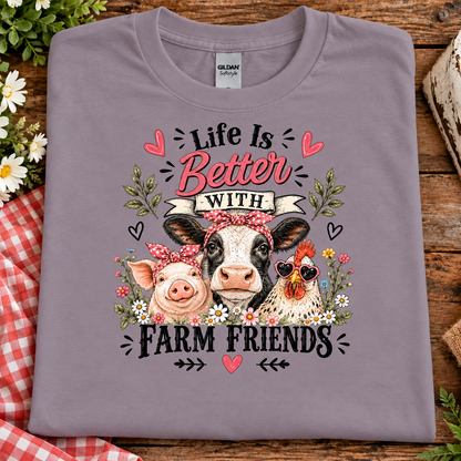 Life is Better with Farm Friends on a paragon colored  t-shirt with a cow, pig, chicken, flowers and hearts graphic design