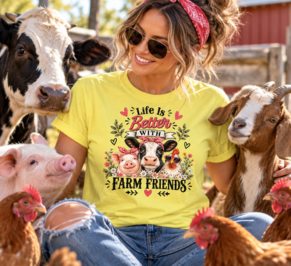 A woman wearing a Life is Better with Farm Friends on a cornsilk t-shirt with a cow, pig, chicken, flowers and hearts graphic design