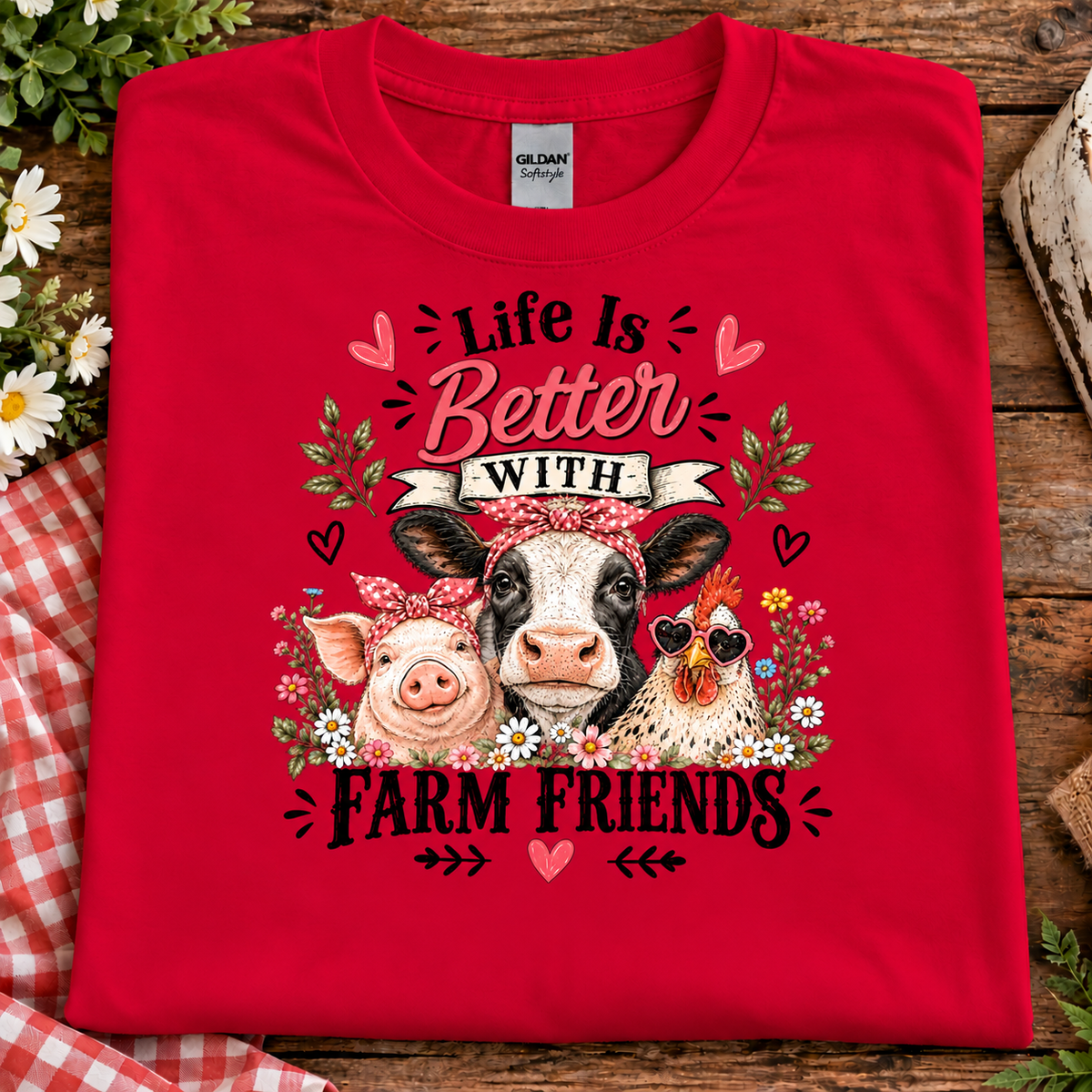Life is Better with Farm Friends on a red t-shirt with a cow, pig, chicken, flowers and hearts graphic design