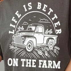 Life Is Better on the Farm t-shirt with vintage farm truck graphic.