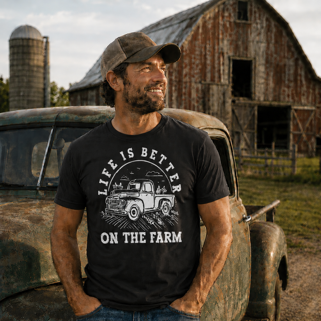 Man wearing a black t-shirt with 'Life is Better on the Farm' graphic standing next to an old truck and barn.