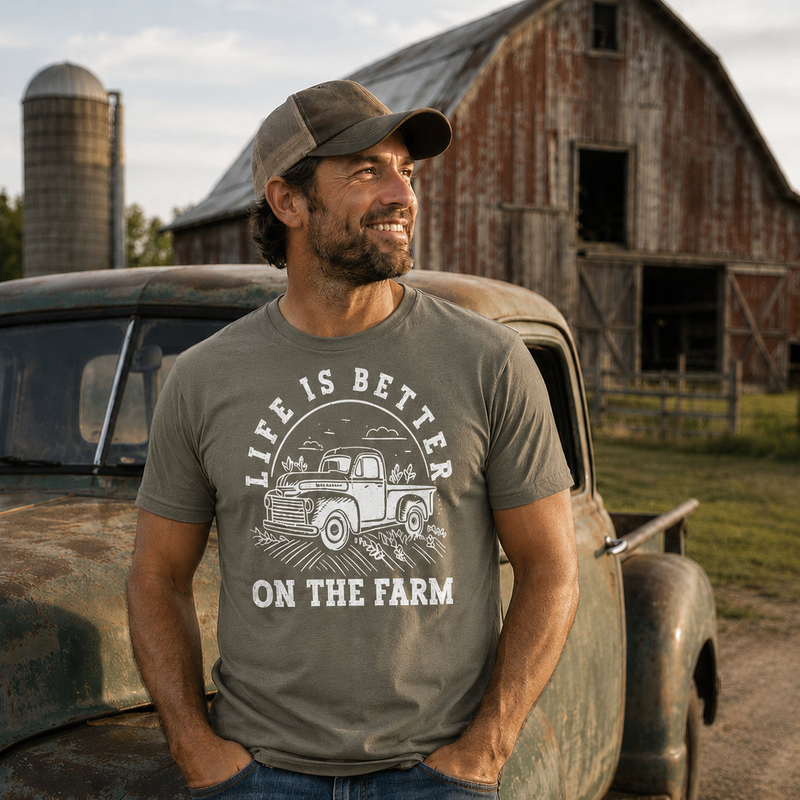 Man wearing a t-shirt with 'Life is Better on the Farm' graphic standing next to an old truck in front of a barn.