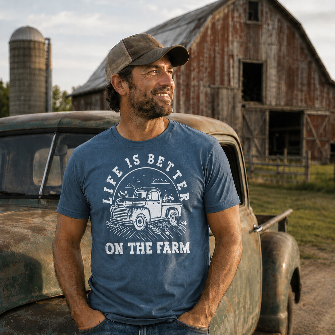 Man wearing a blue t-shirt with 'Life is Better on the Farm' graphic standing next to an old truck and barn.