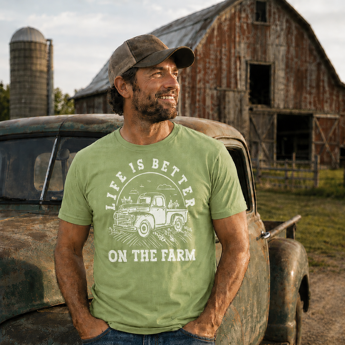 Man wearing a green t-shirt with a farm graphic and text, standing in front of an old truck and barn.