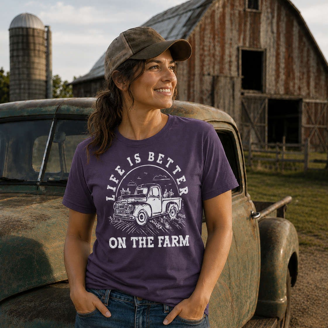 Woman wearing a purple t-shirt with a farm graphic and text, standing in front of an old truck and barn.