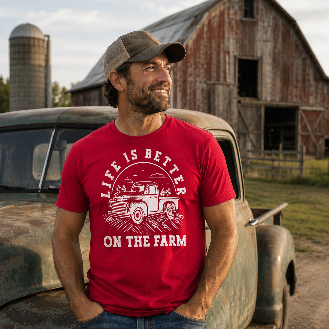 Man wearing a red t-shirt with a truck graphic and 'Life is Better on the Farm' text, standing next to an old truck on a farm.