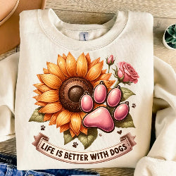 Cozy sweatshirt featuring a bold paw print surrounded by a sunflower, perfect for dog lovers.